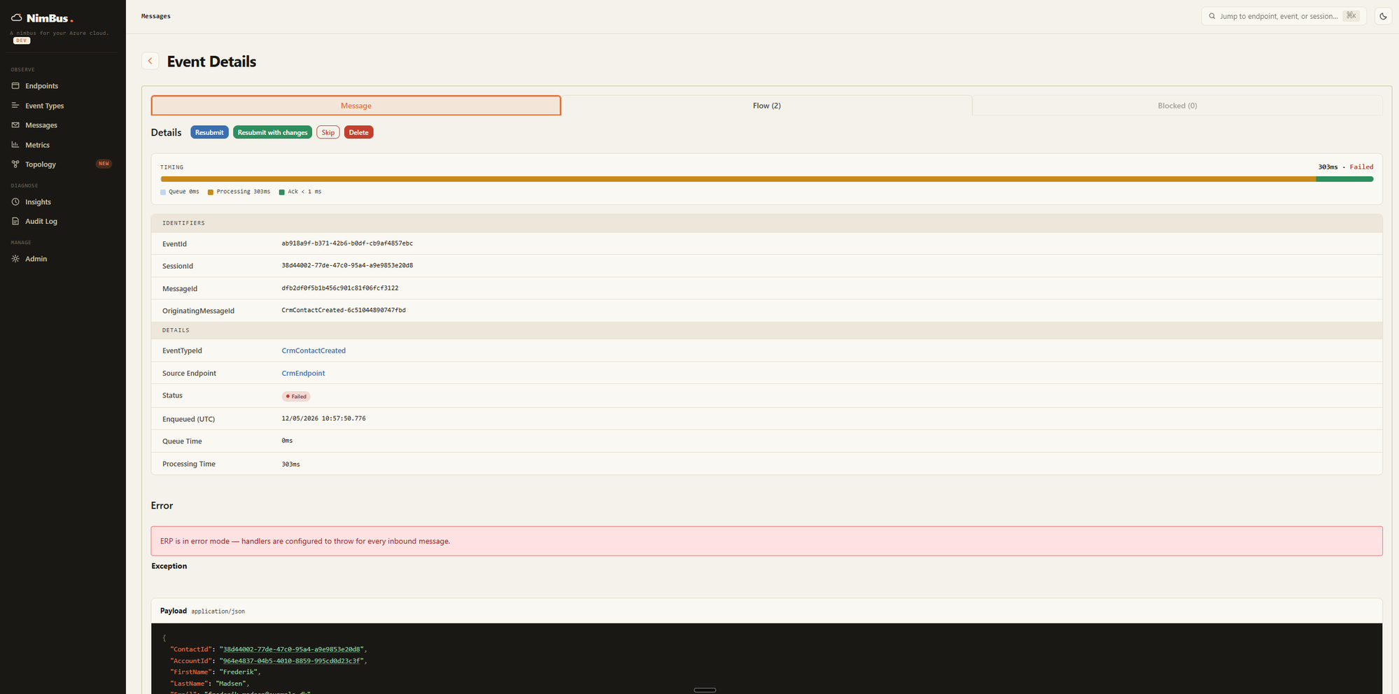 NimBus event details showing message information and operator recovery actions
